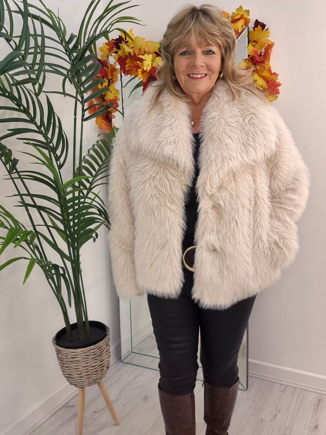 Oslo Faux Fur Shawl Collar Jacket - Creamy Stone (One Size/Curvy - fitting from Size 14 up to Size 18)