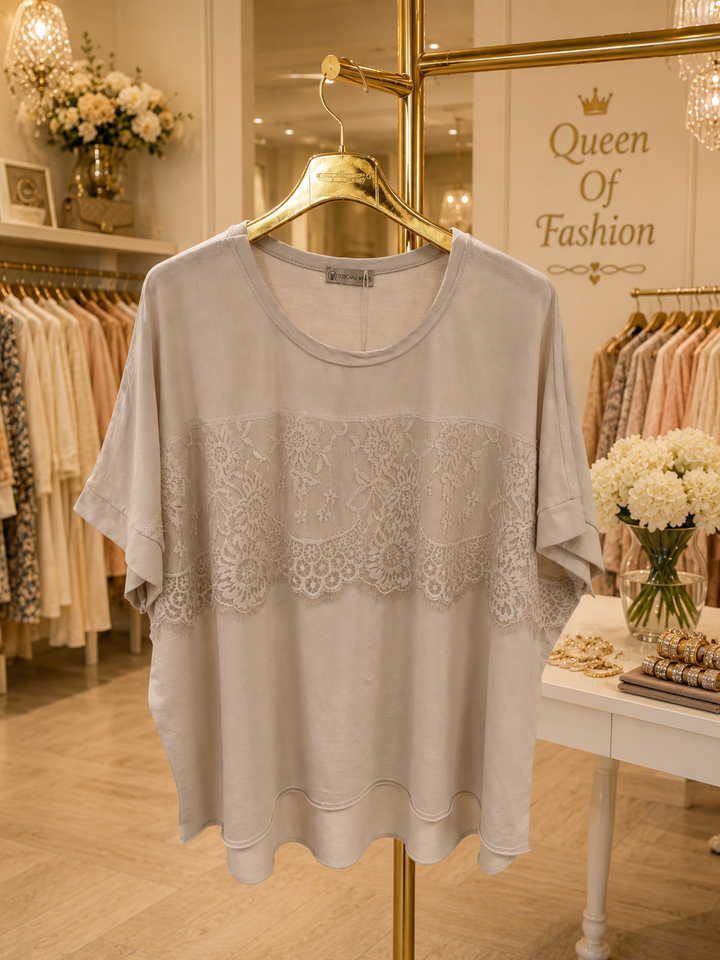 Lace Detail Hi-Lo Top (One Size Curvy, fits from Size 14 up to Size 18/20) - Stone