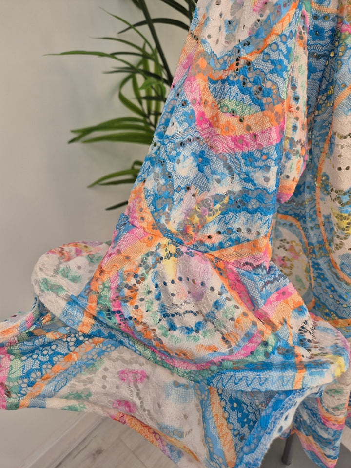 Alba Floral Double Fluted Sleeve Top - Aqua (Oversized, fitting from Size 14 up to Size 20)