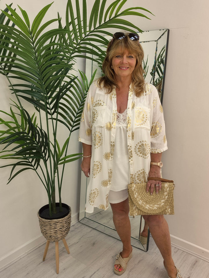 Ibiza Florals Shirt Dress - (Loose Fit) - White/Gold