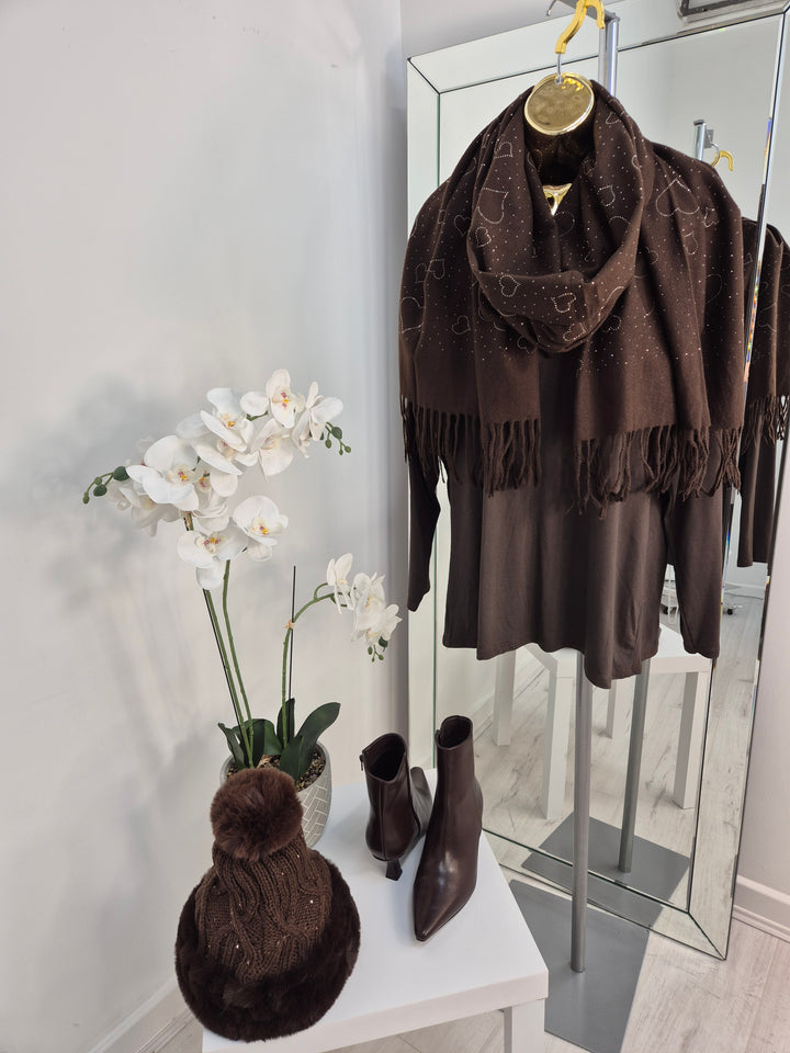 Sparkly Hearts Oversized Fringed Scarf - Chocolate