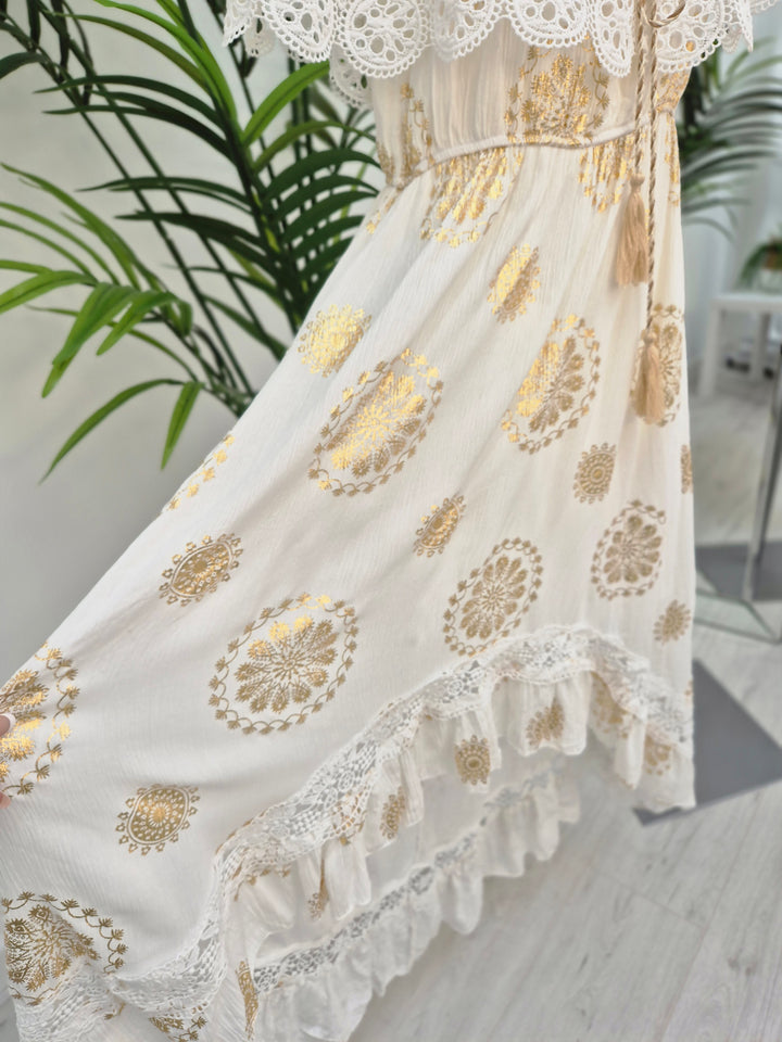 Ibiza Florals Bardot Dress - White/Gold (One Size, fits up to Size 16)