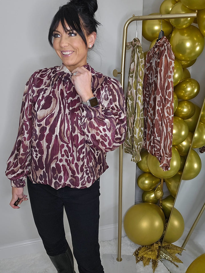 Vicky High Neck Shimmer Blouse - (One Size fits from Size 8/10 up to Size 16) - Berry