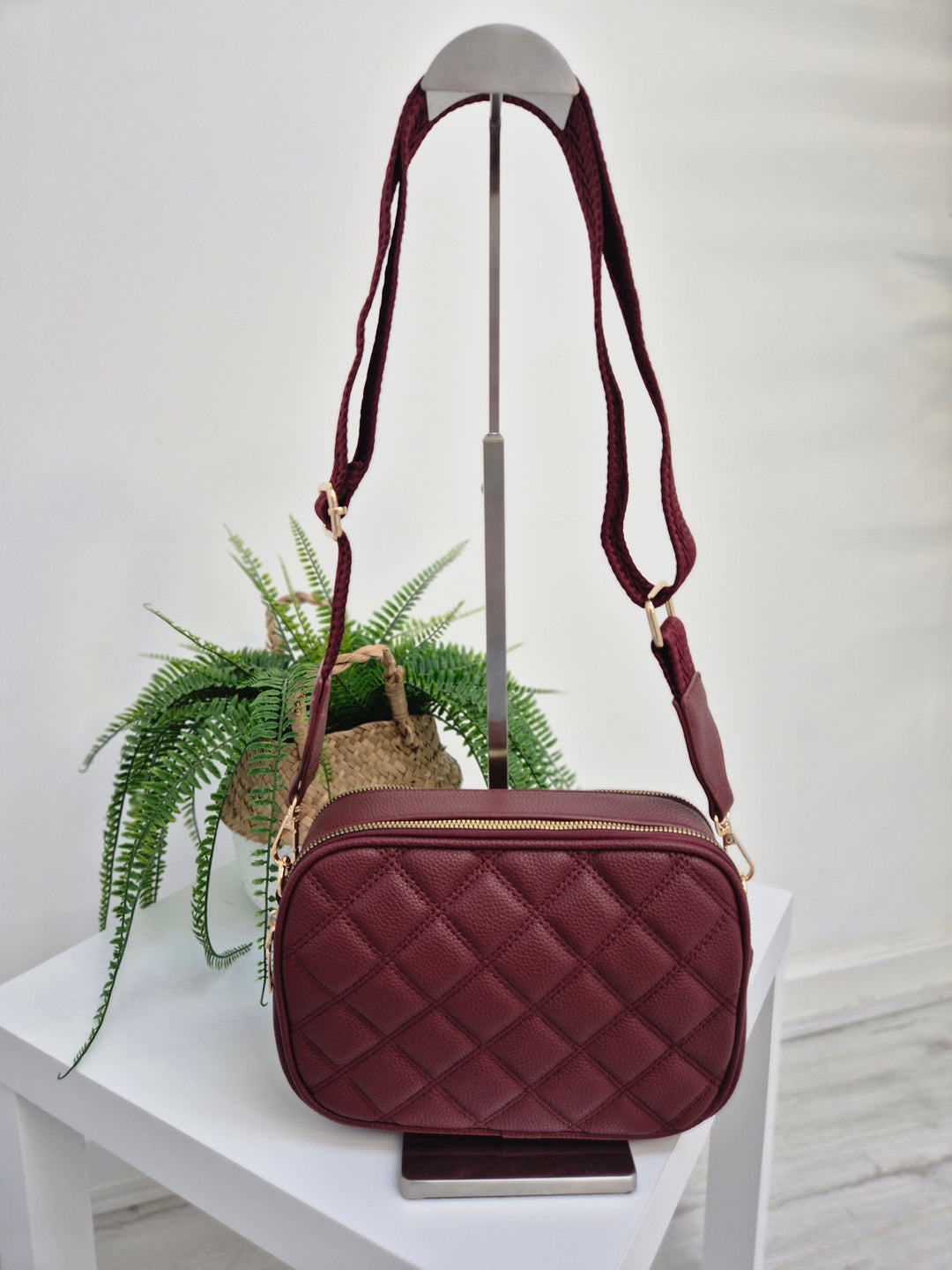 Diamond Quilted Bag - Wine (Gold Tone)