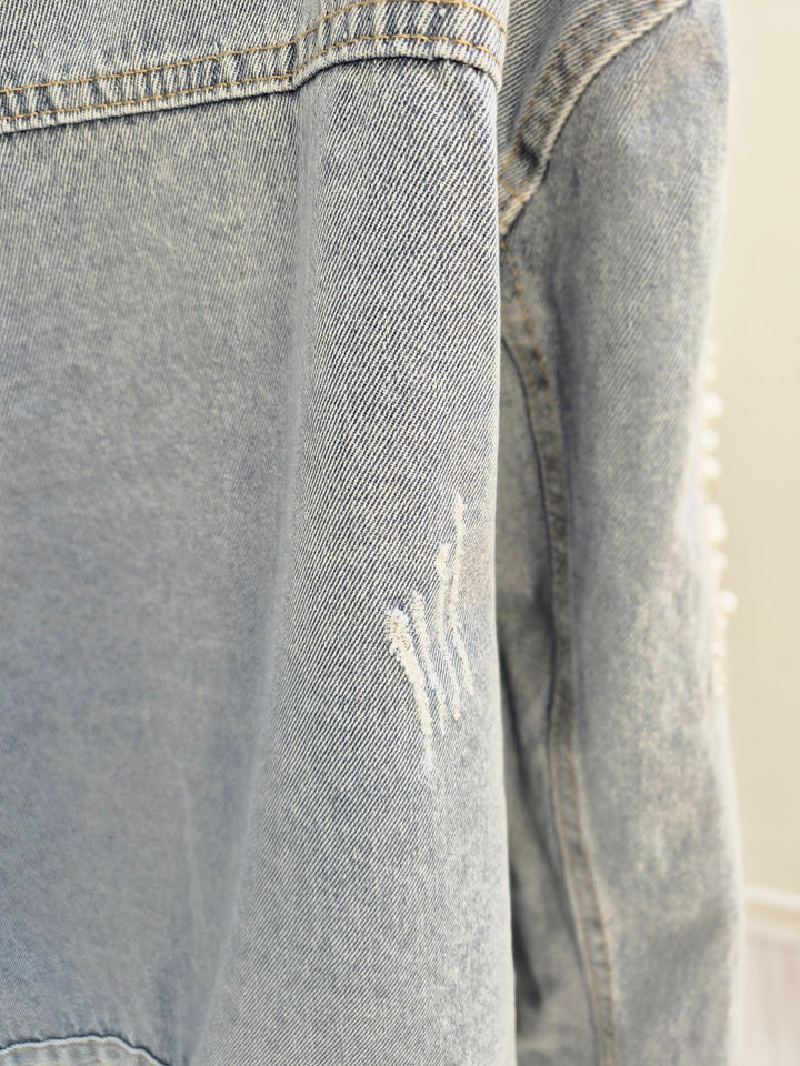 Angelica Crystal & Pearl Denim Jacket - Stonewashed (Oversized)