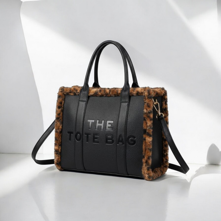 Oslo Tote Bag - Black with Chocolate Leopard Faux Fur (Large Size)