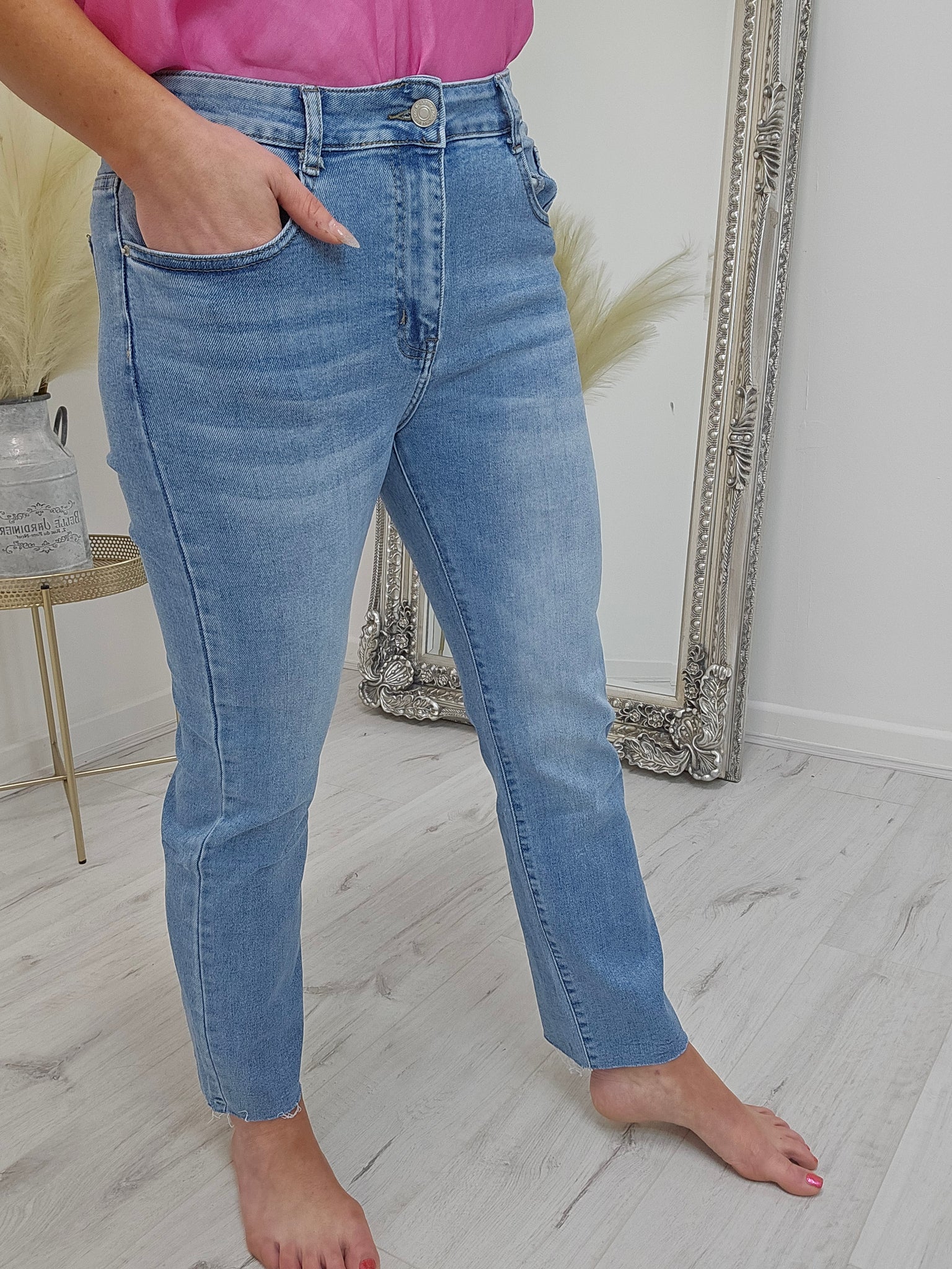 Straight Leg Jeans with Distressed Hem (All Sizes)