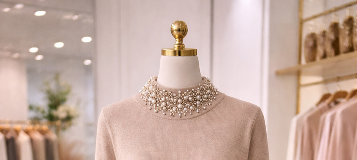 Crystal & Pearl High Neck Jumper - Natural (One Size fitting from Size 12 to Size 16)