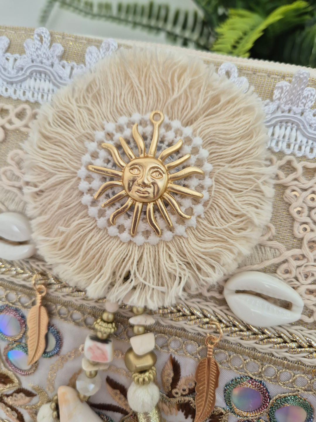 Seashells, Sun, Tassels Clutch Bag - Natural