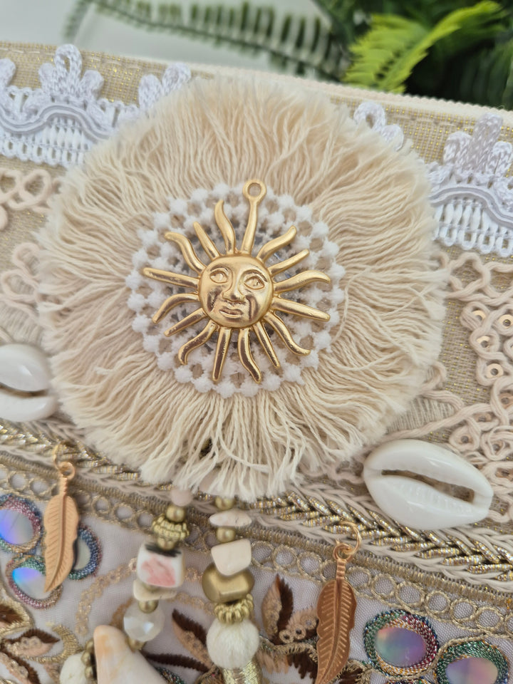 Seashells, Sun, Tassels Clutch Bag - Natural