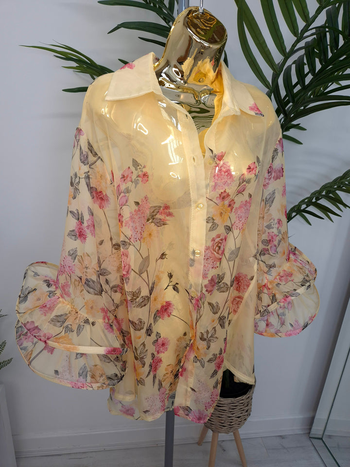 Alba Floral Chiffon Double Fluted Sleeve Blouse - (choose your Colour) - (Oversized)