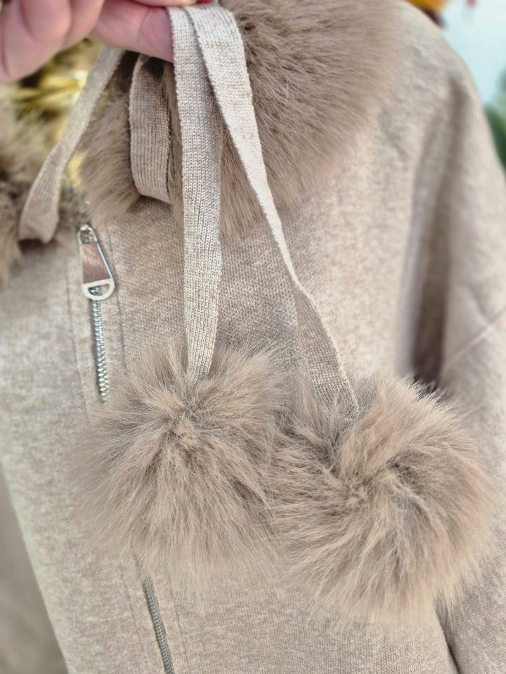 Oslo Faux Fur Hoodie/Cardigan/Jumper - Mocha (One Size fits from Size 12 up to Size 20)