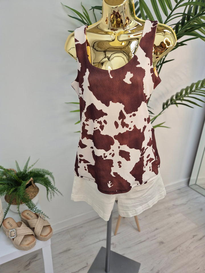 Maisy Moo Double Layered Vest Top - Brown/Cream