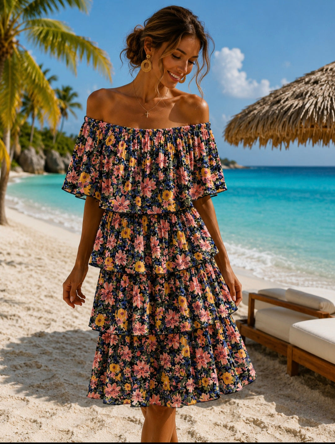 Bonita Floral Bardot Pleated Dress - (choose your Colour & Size)