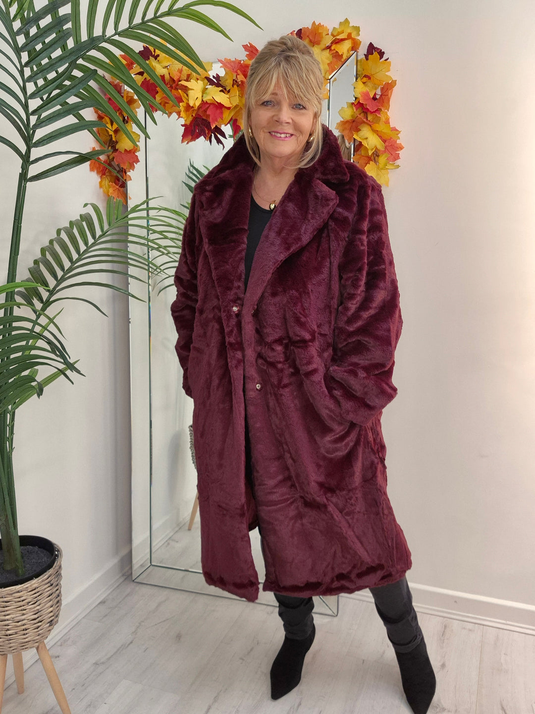 Oslo Faux Fur Longline Coat - Wine (choose your Size)