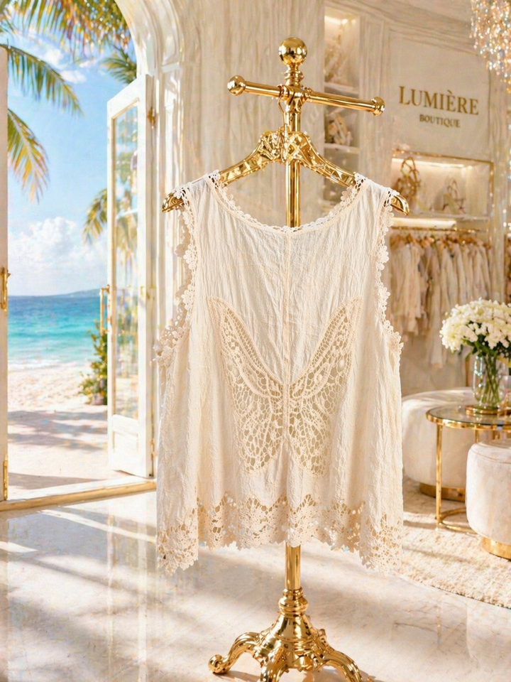 Crochet Cotton Sleeveless Top (Butterfly on the Back) - One Size - fits from Size 10 up to Size 16) - Cream