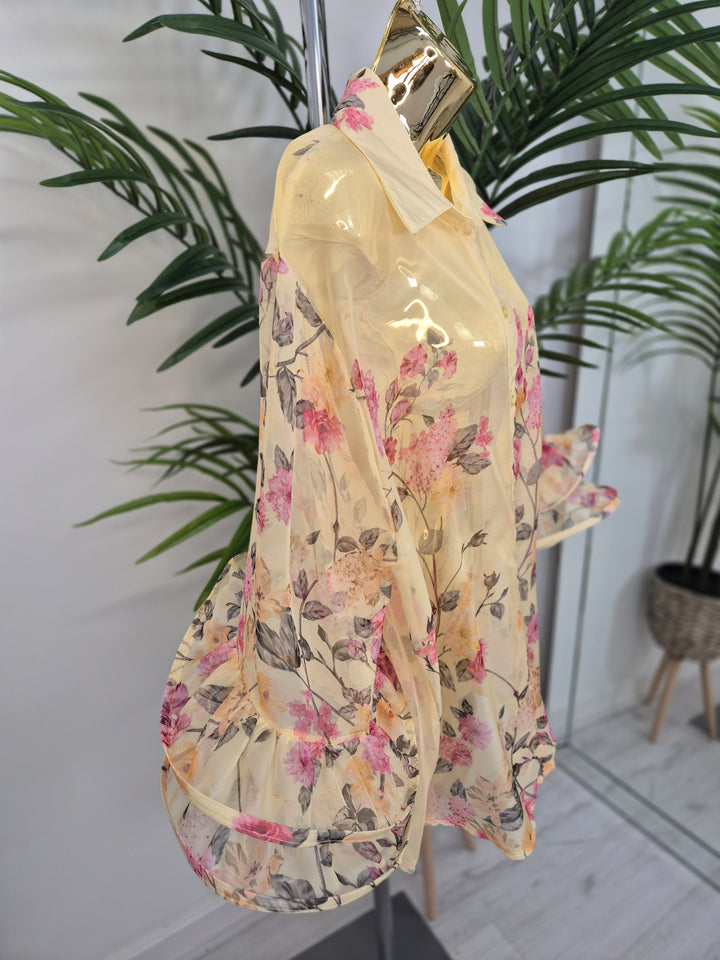 Alba Floral Chiffon Double Fluted Sleeve Blouse - (choose your Colour) - (Oversized)