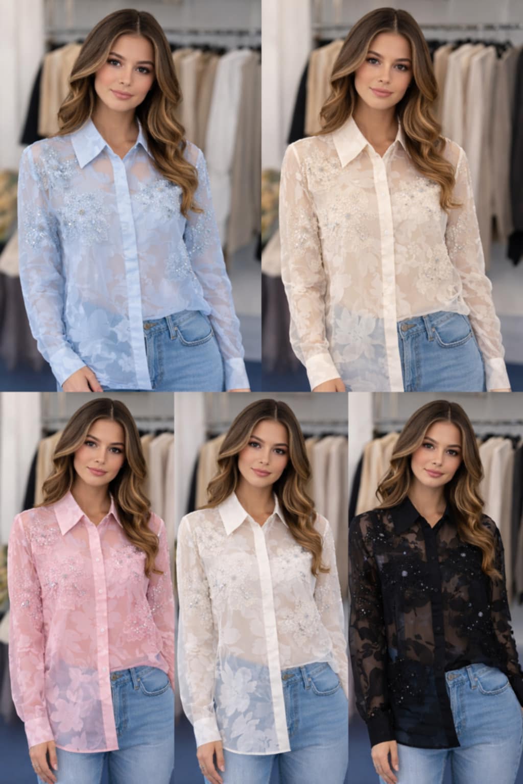 Valencia Ornate Blouse with Crystals & 3D Applique Sparkle - Stone (One Size, fits from Size 12 up to Size 16/Small Busted Size 18)