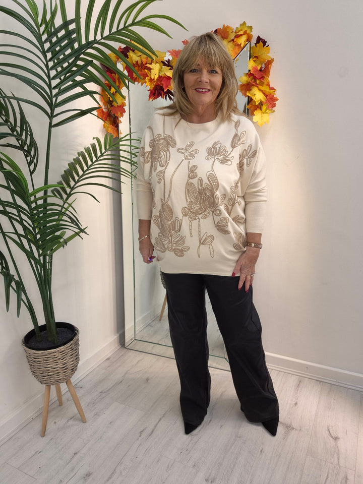 Eva Embroidered Sparkle Jumper - Cream (fitting from Size 14 up to Size 18/20)