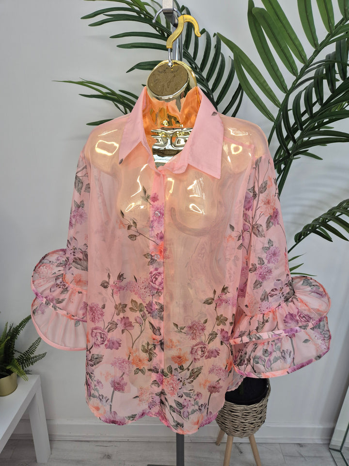 Alba Floral Chiffon Double Fluted Sleeve Blouse - (choose your Colour) - (Oversized)