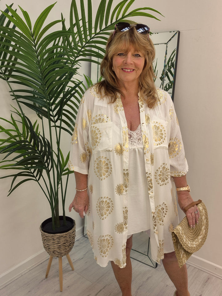 Ibiza Florals Shirt Dress - (Loose Fit) - White/Gold