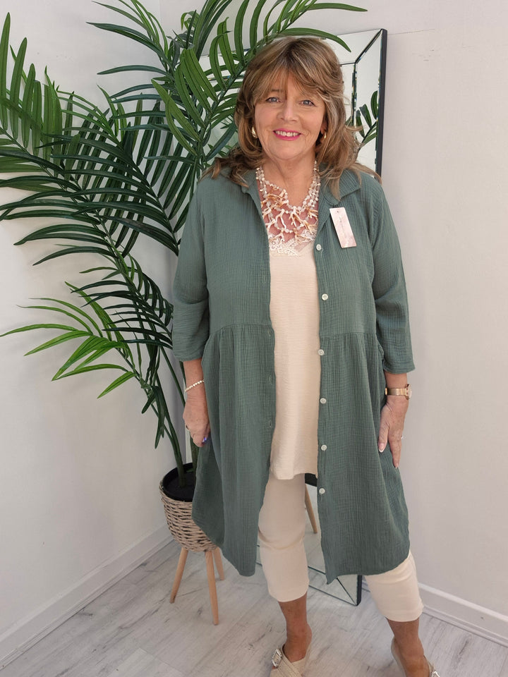 Kelly Cheesecloth Dress (Khaki) - (fits from Sizes 12/14 up to Sizes 16/Small 18)
