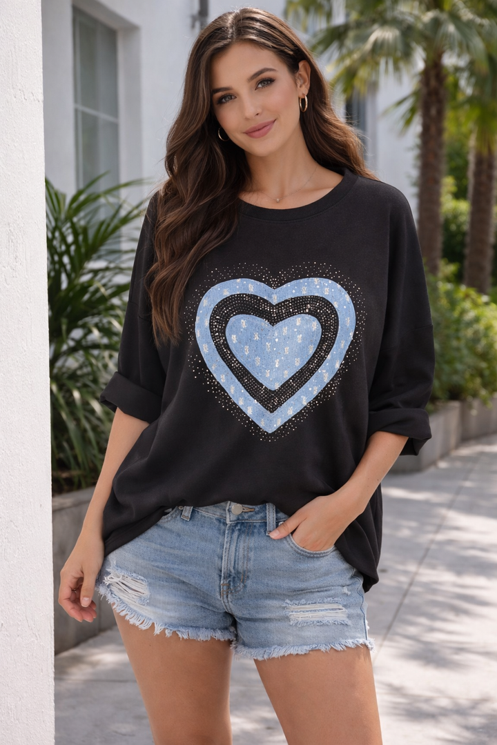 Hannah Hearts Slouchy Top - Black (Oversized fitting from Size 14 up to Size 18/20)