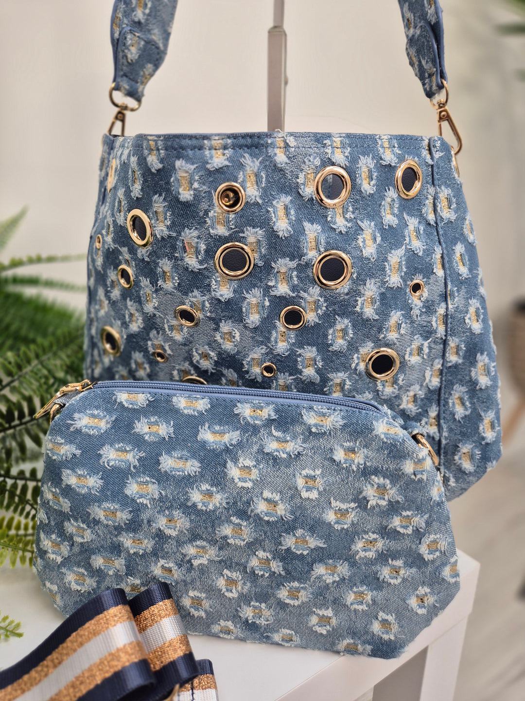 Darcie Denim Bag (Bag within a Bag) - Stonewashed/Gold Metallic