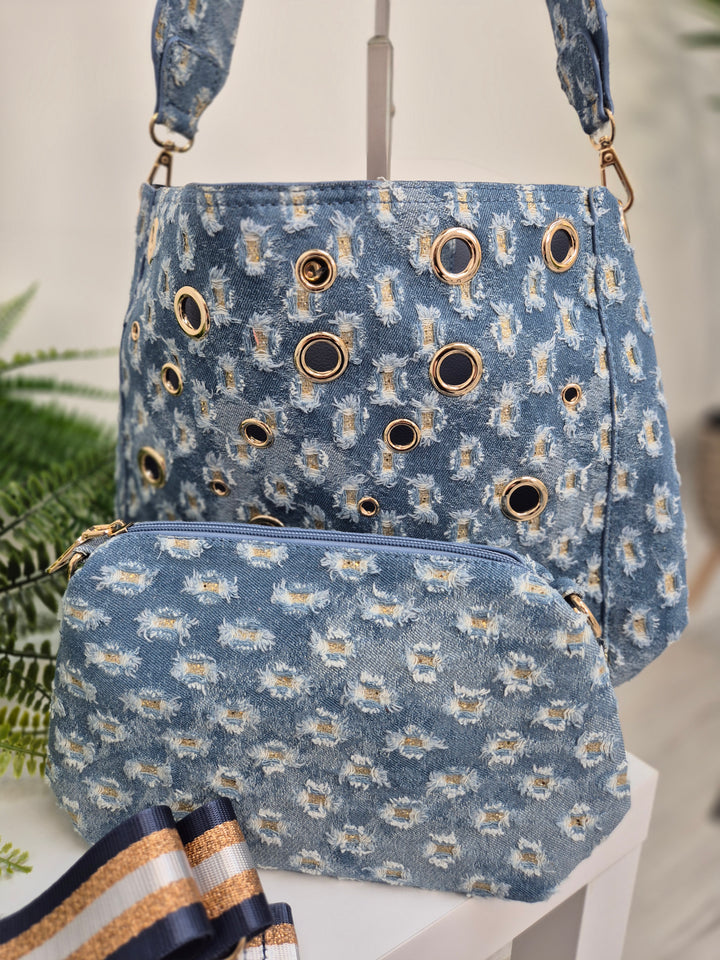 Darcie Denim Bag (Bag within a Bag) - Stonewashed/Gold Metallic
