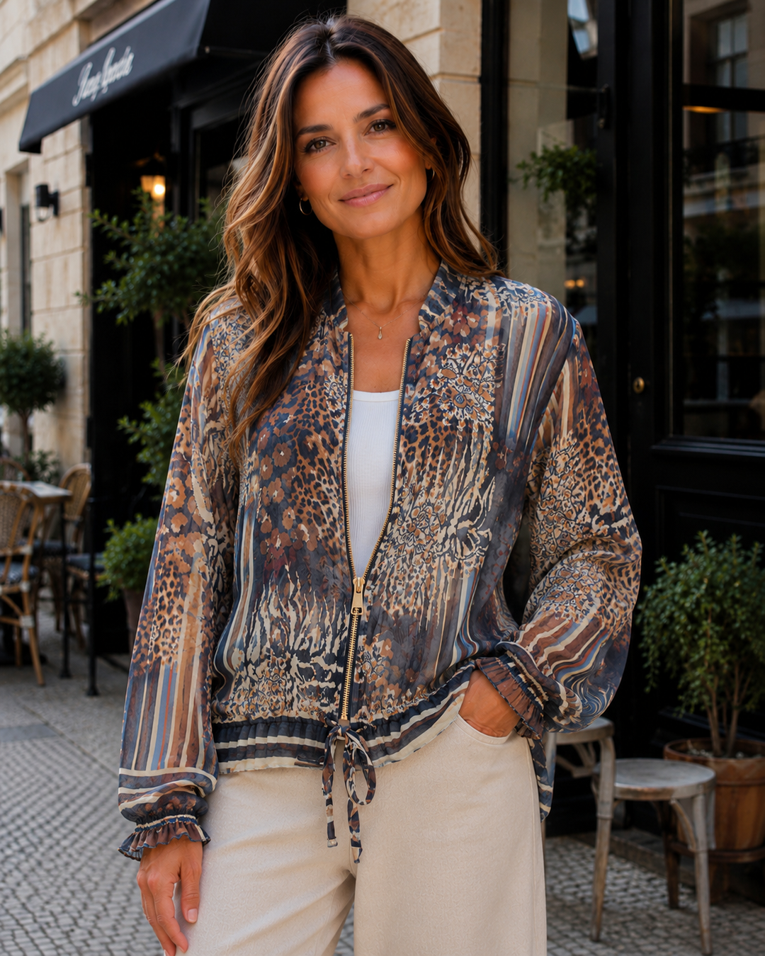 Leopard Bomber Jacket (Gold Tone Zip) - One Size fits Size 10 to Size 16 - Navy