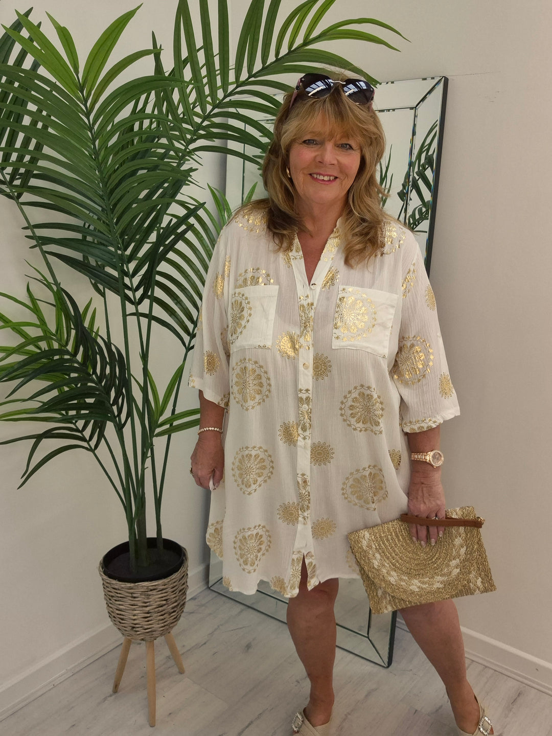 Ibiza Florals Shirt Dress - (Loose Fit) - White/Gold
