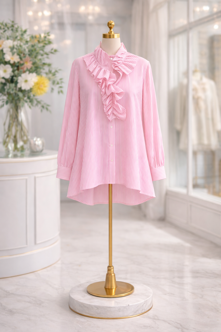 Riley Ruffle Blouse (fitting Size 14/16 up to Size 18 - Pink/White