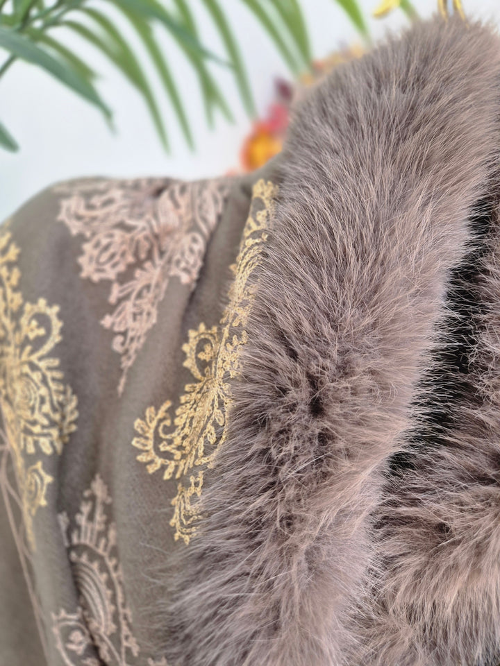 Oslo Faux Fur Shawl/Wrap - Chocolate/Gold (Oversized)