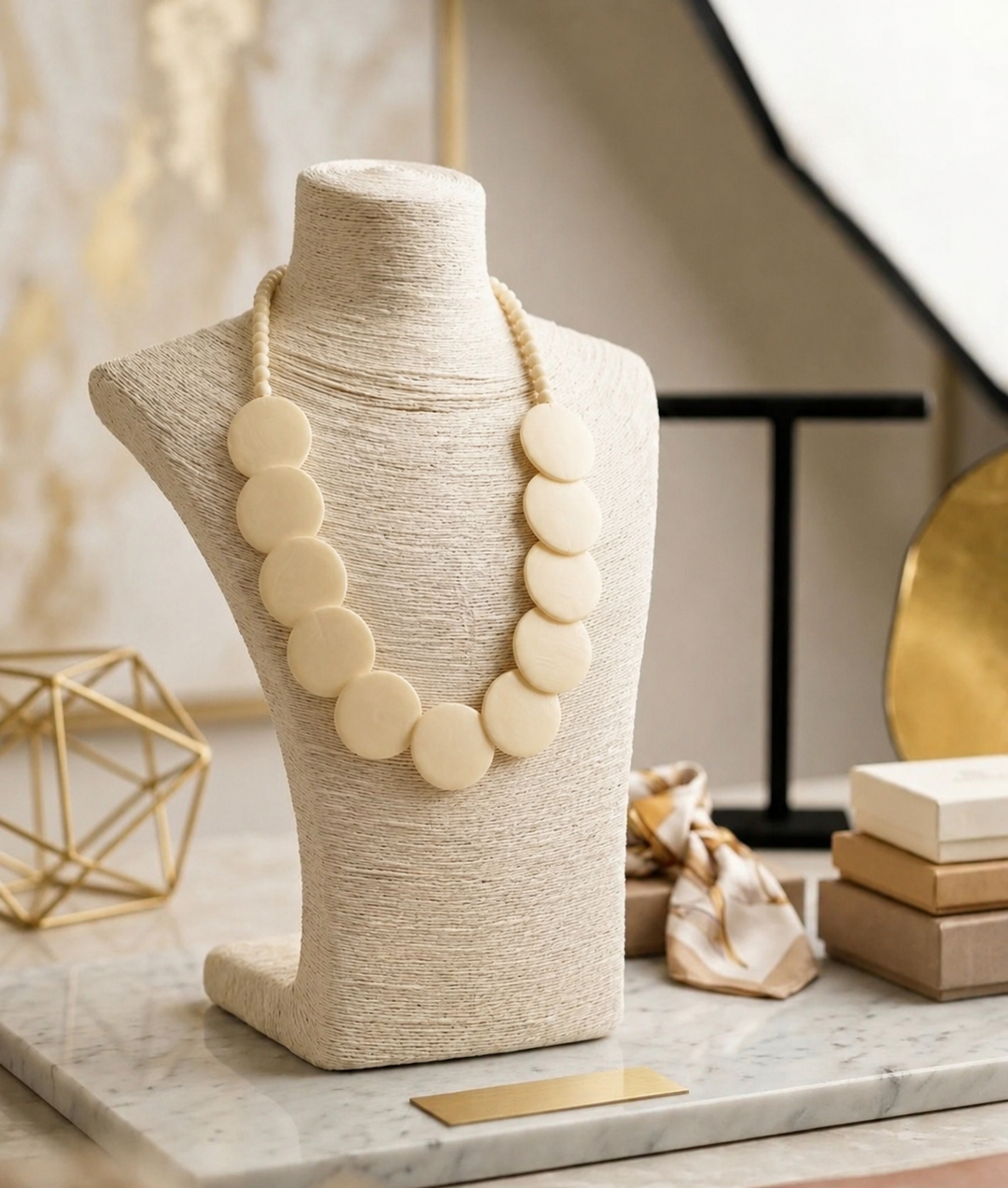 Statement Necklace - Discs & Beads Necklace - Cream