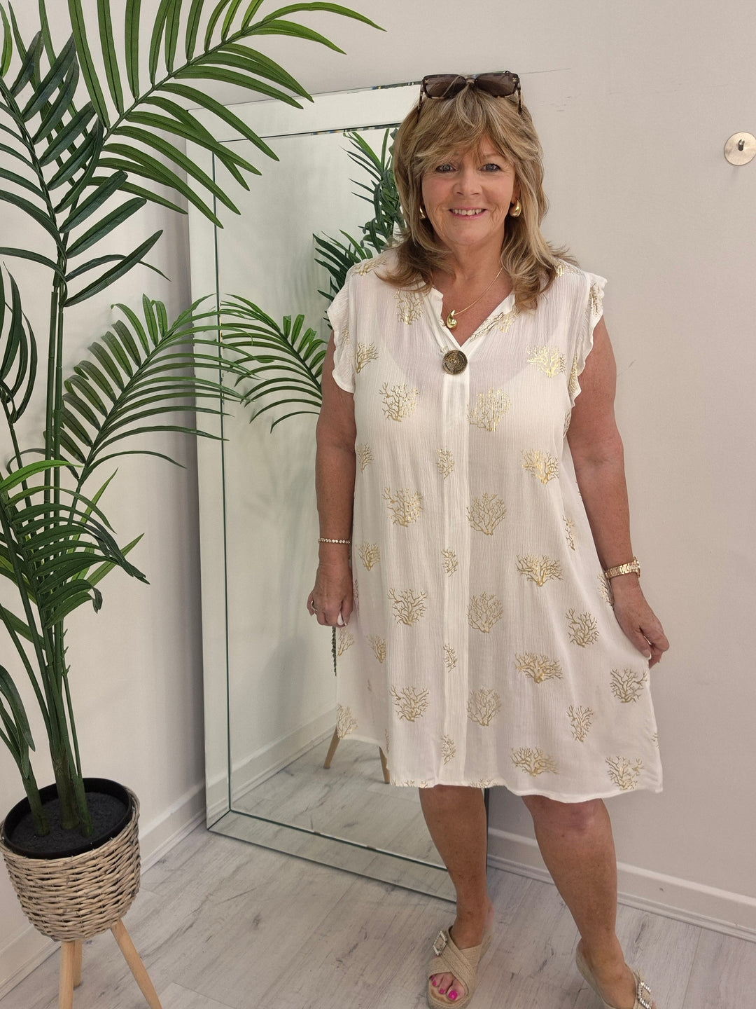 Ibiza Tree of Life Frilled Sleeve Dress - White/Gold - (Loose Fit)