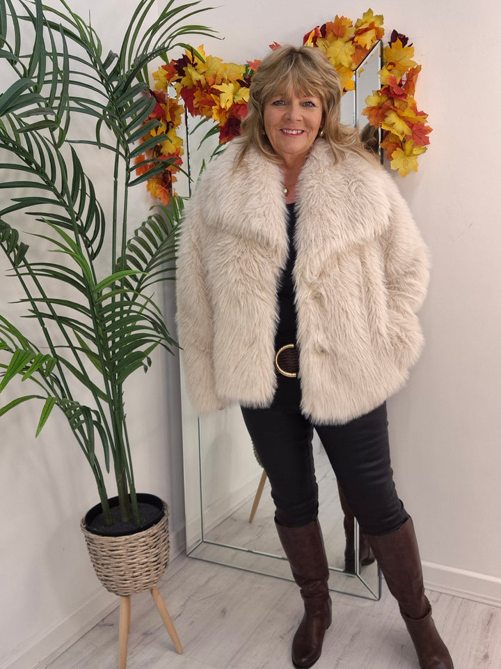 Oslo Faux Fur Shawl Collar Jacket - Creamy Stone (One Size/Curvy - fitting from Size 14 up to Size 18)