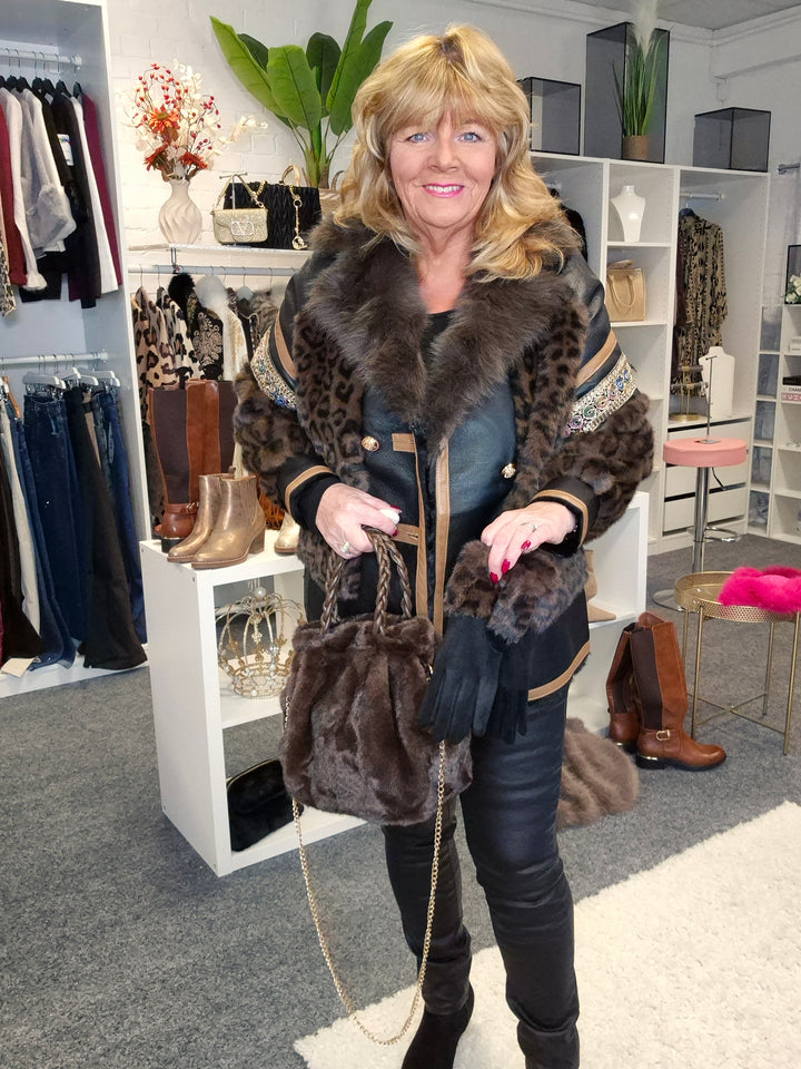 Oslo Faux Fur/Faux Leather Jacket - Chocolate Leopard - (Oversized fits Size 14 to Size 16/18)