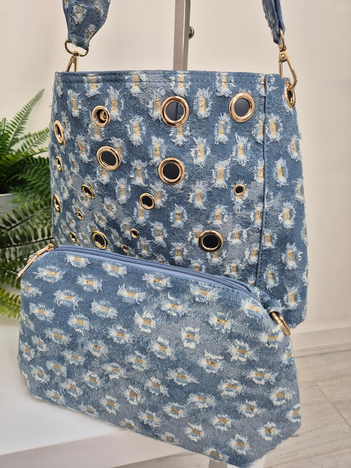 Darcie Denim Bag (Bag within a Bag) - Stonewashed/Gold Metallic