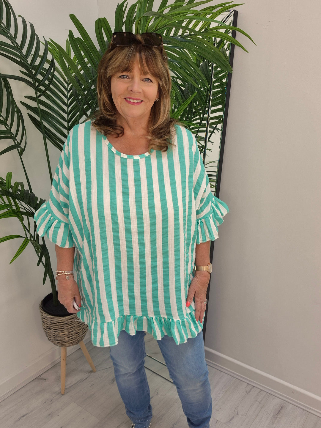 Candy Striped Top with Frilled Sleeves - (choose your Colour) - (Oversized)