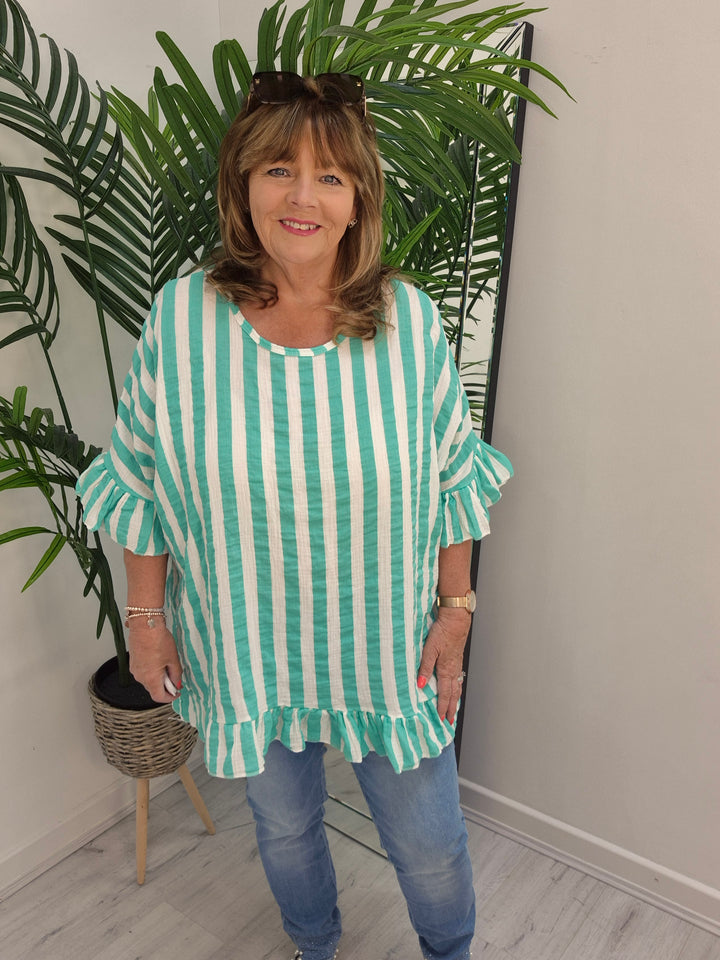 Candy Striped Top with Frilled Sleeves - (choose your Colour) - (Oversized)