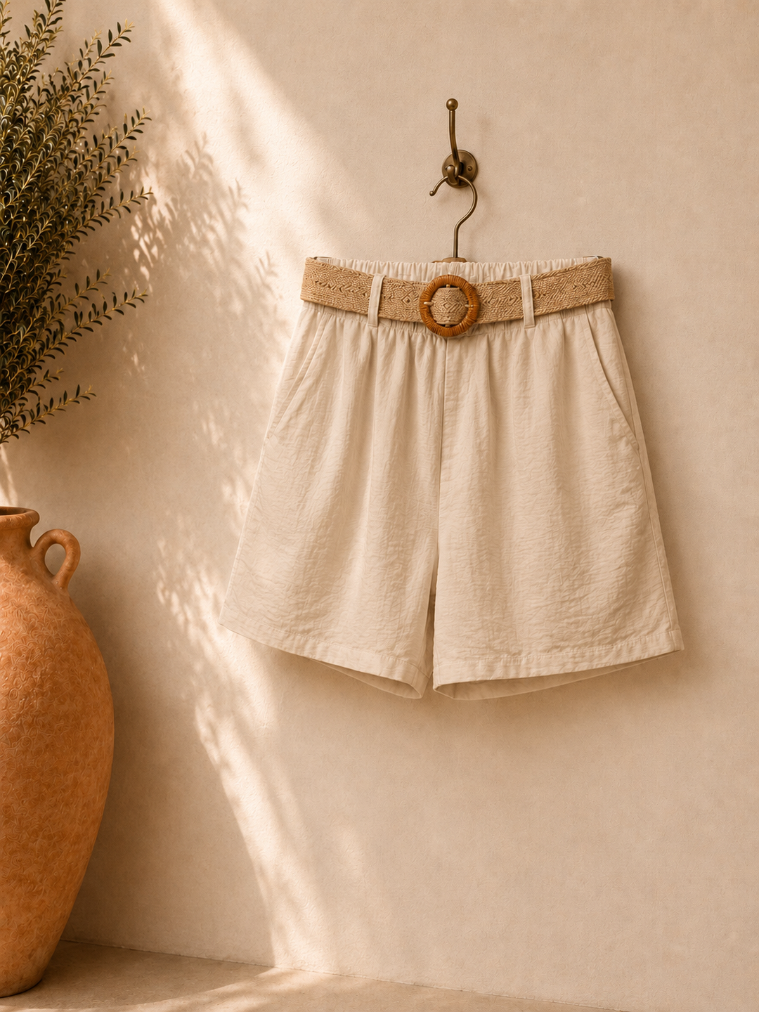Shorts with Stretchy Raffia Belt - Beige (One Size/Curvy - fitting from 12 to 16/18)