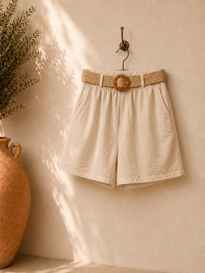 Shorts with Stretchy Raffia Belt - Beige (One Size/Curvy - fitting from 12 to 16/18)