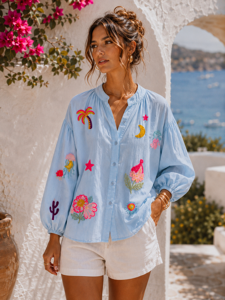 Sicily Embroidered Blouse - (One Size, fits up to Size 18) - Blue