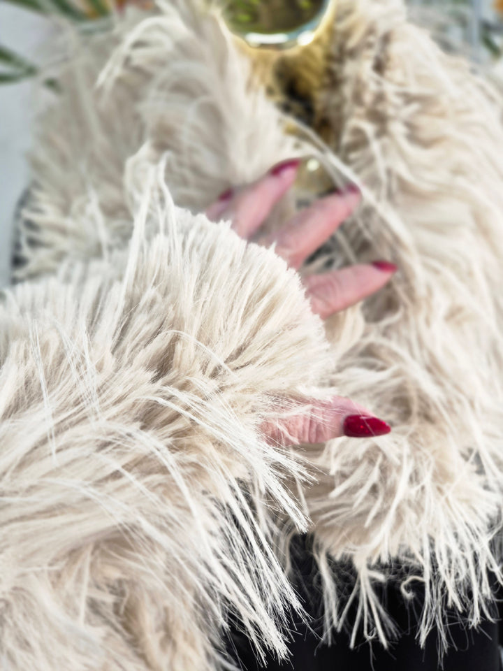 Oslo Faux Fur Shaggy Fingerless Gloves/Cuffs - Cream