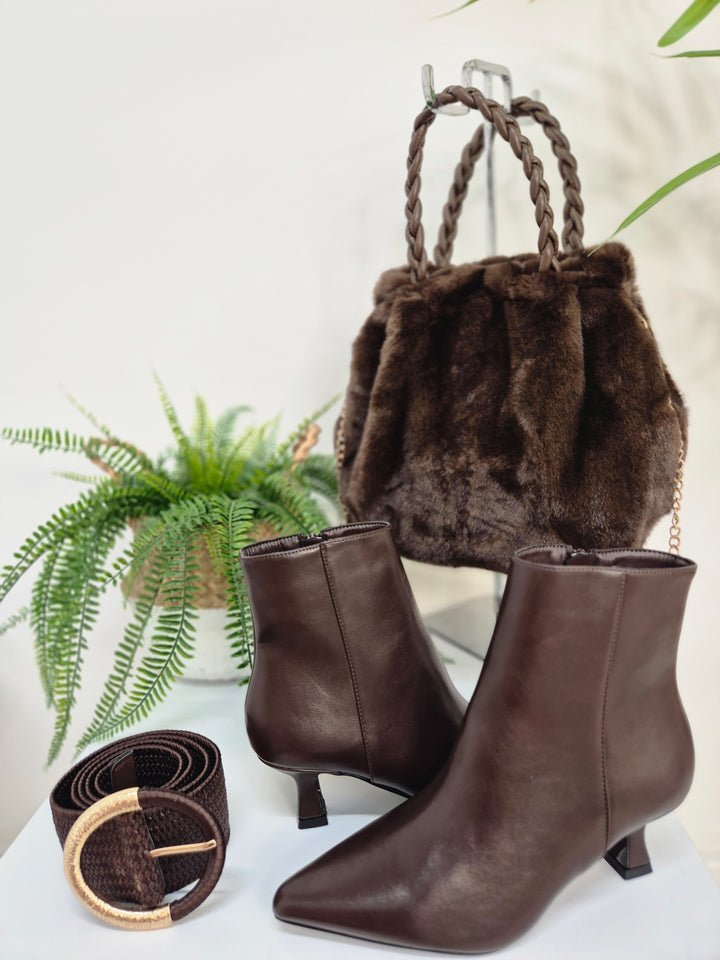 Mayfair Faux Leather Ankle Boots with Low Block Kitten Heel - Chocolate (choose your Size)