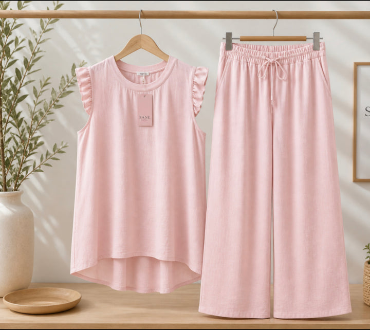 Sophie Frill Culotte Co-ord Set (2 Piece) - (One Size, fits from Size 12 to Size 18) - Pale Pink