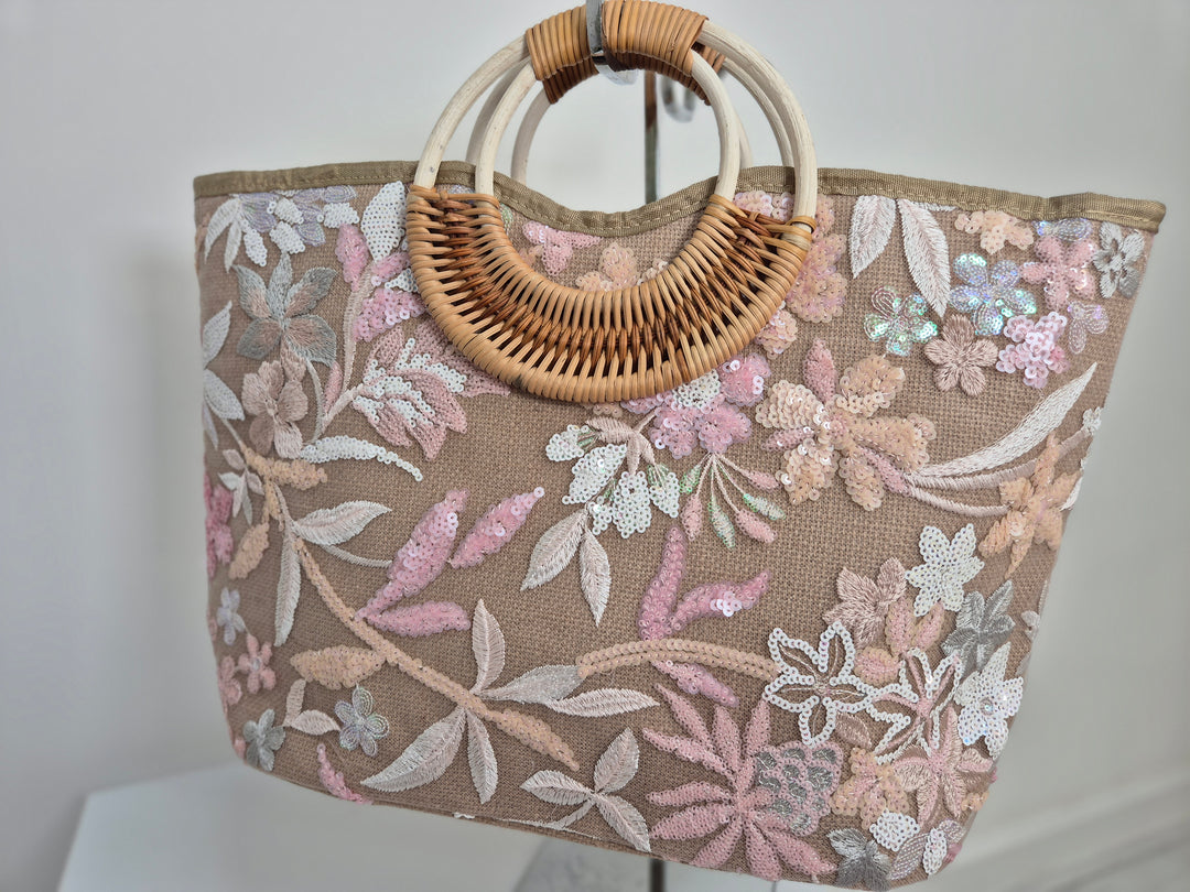 Floral Sequins Bamboo Bag - Pink