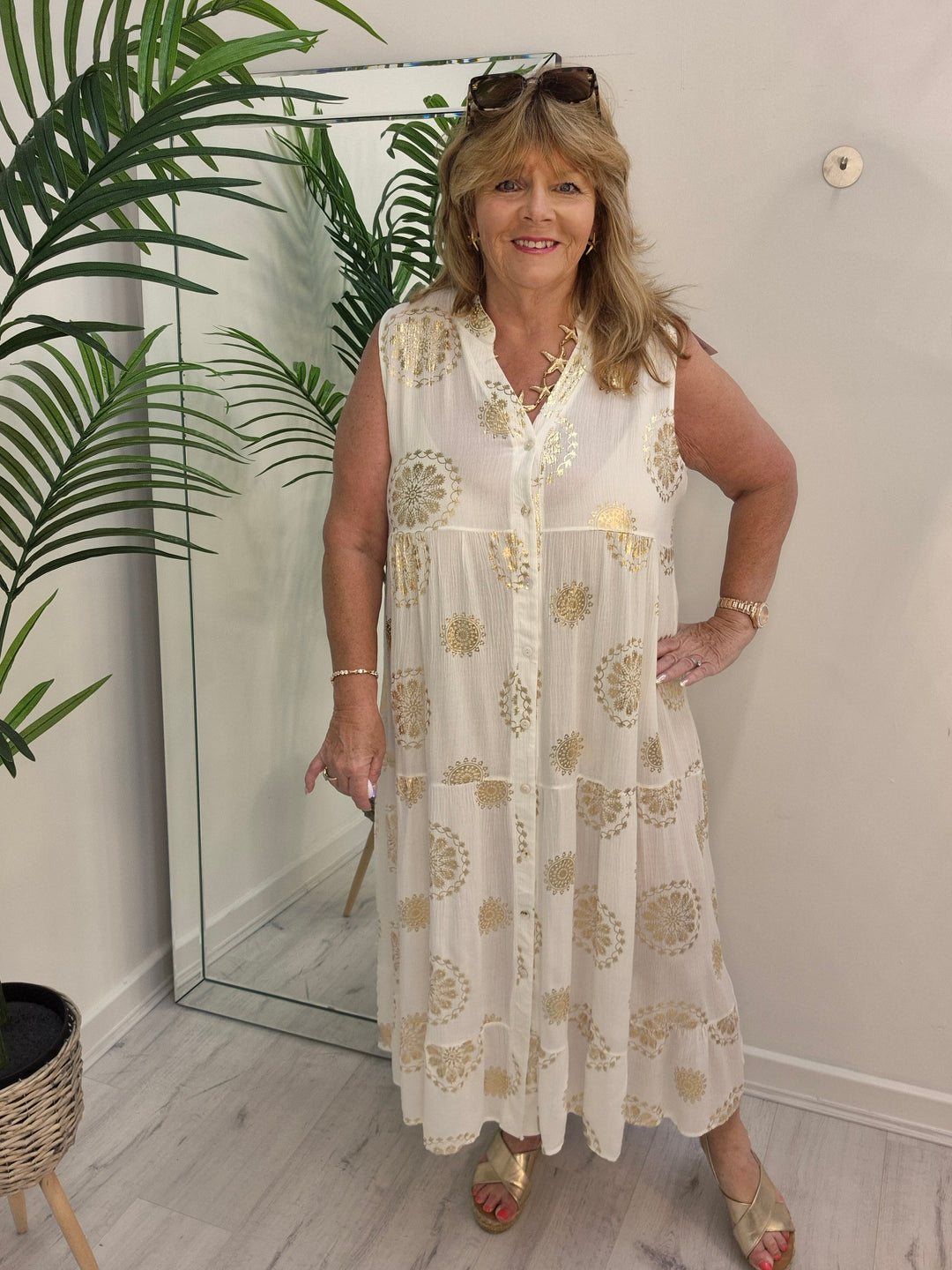 Ibiza Floral Midi Sleeveless Dress - White/Gold - (Loose Fit)