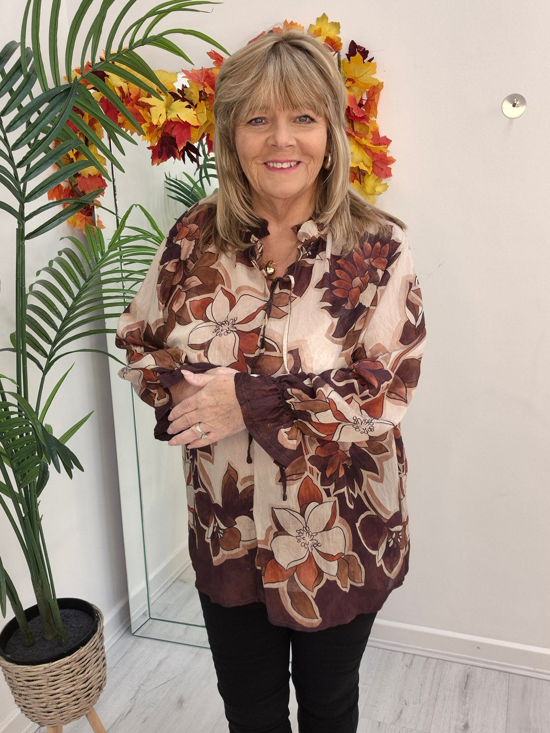 Floral Autumn Blouse - Chocolate/Wine/Stone (fits from Size 12/14 to Size 18/20)