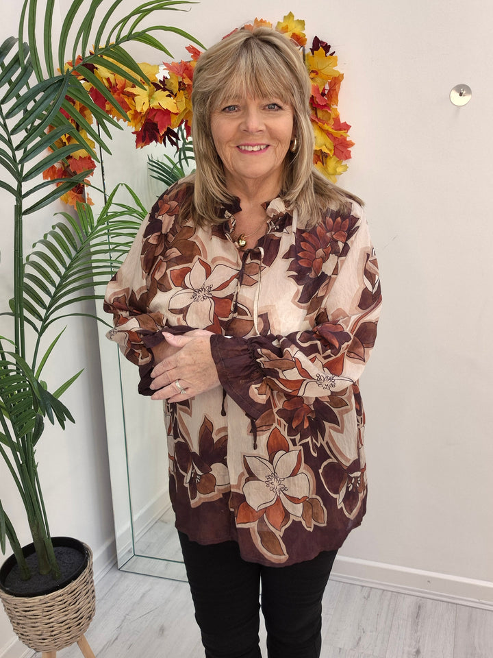 Floral Autumn Blouse - Chocolate/Wine/Stone (fits from Size 12/14 to Size 18/20)